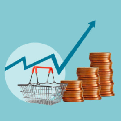 Stacked coins and a shopping basket with a rising arrow, illustrating the impact of inflation.